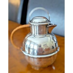 Antique Vintage  Art Deco Syrup Tea Pot Rattan Wrapped Handle Silverplate